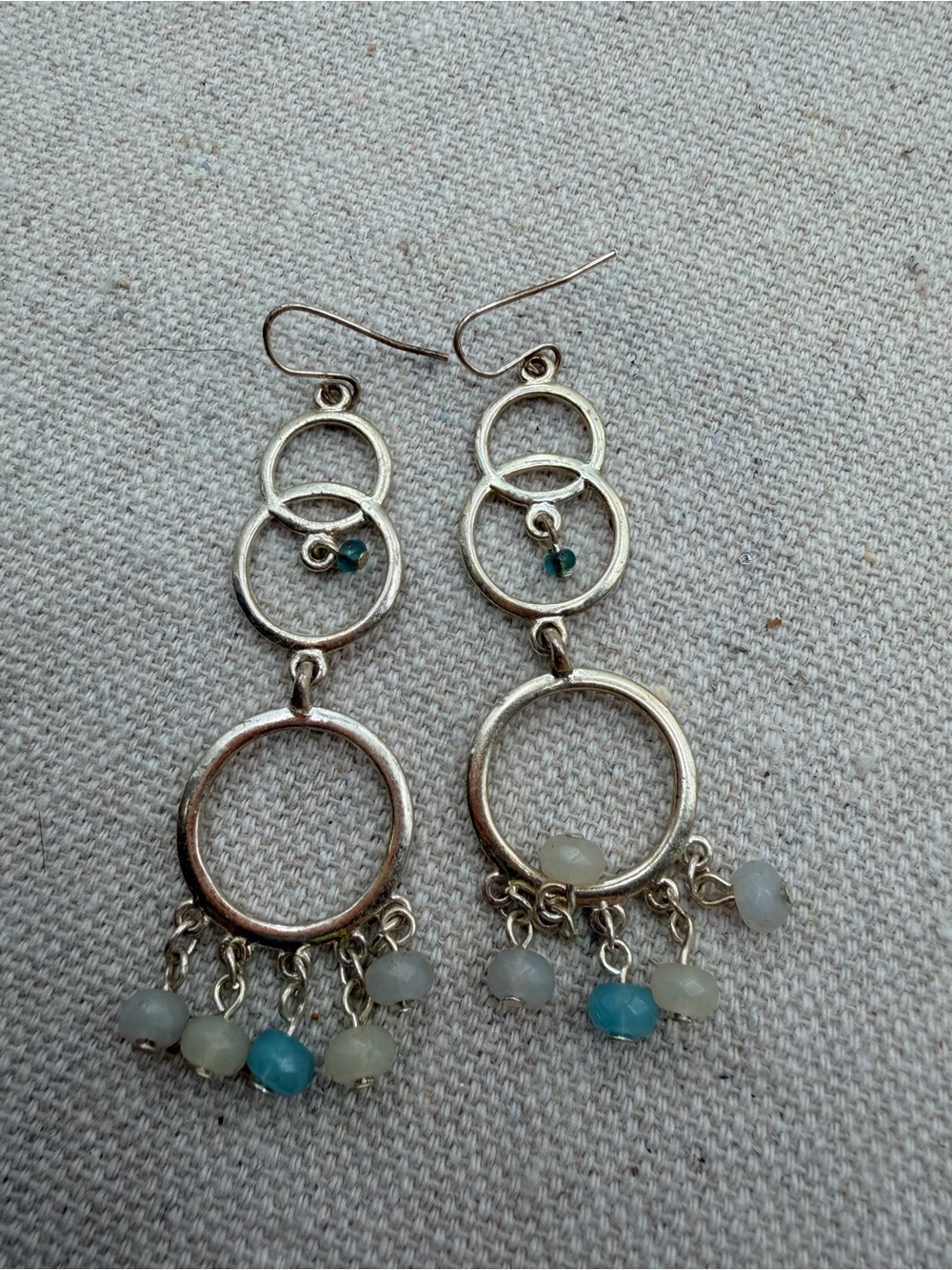 Silver Dangle Hoop Earrings with Blue and Seafoam Beads